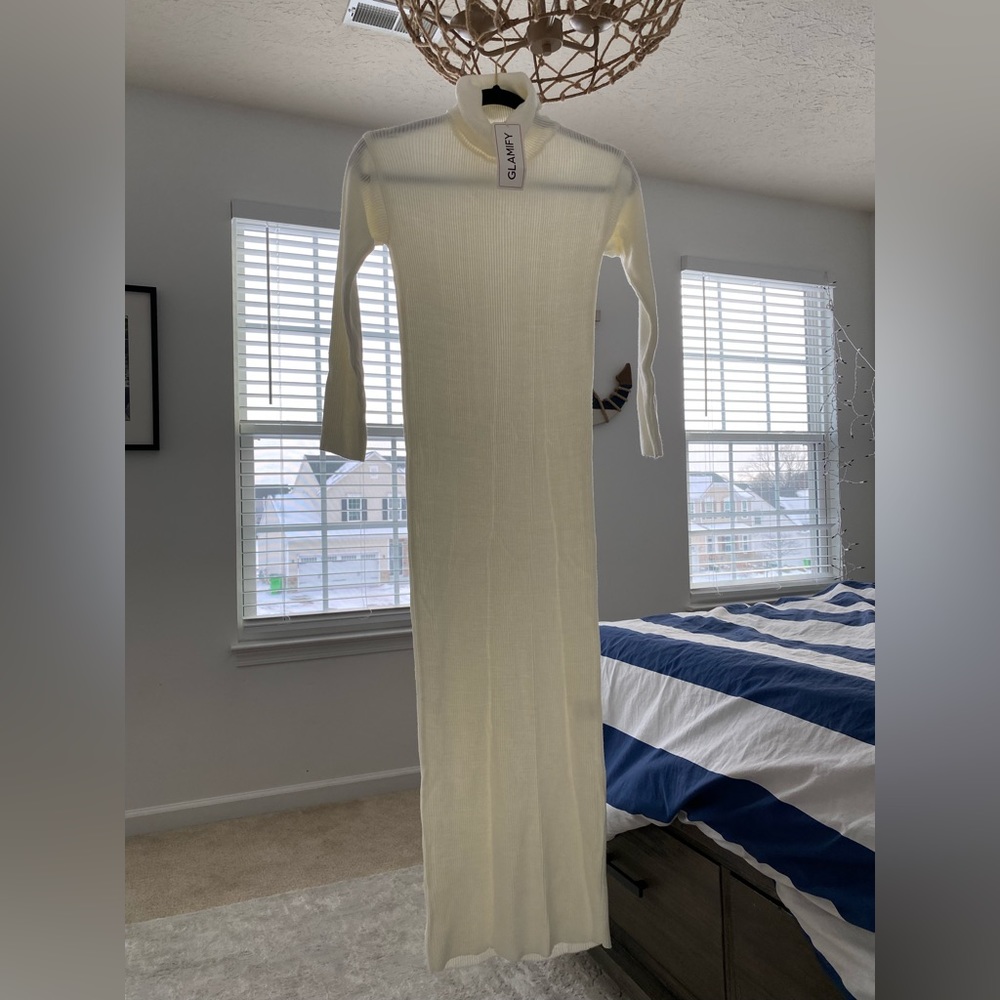 Beige turtle neck ribbed dress